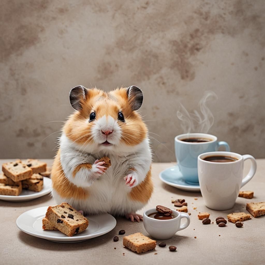 Cute Hamster Enjoying Coffee and Biscotti