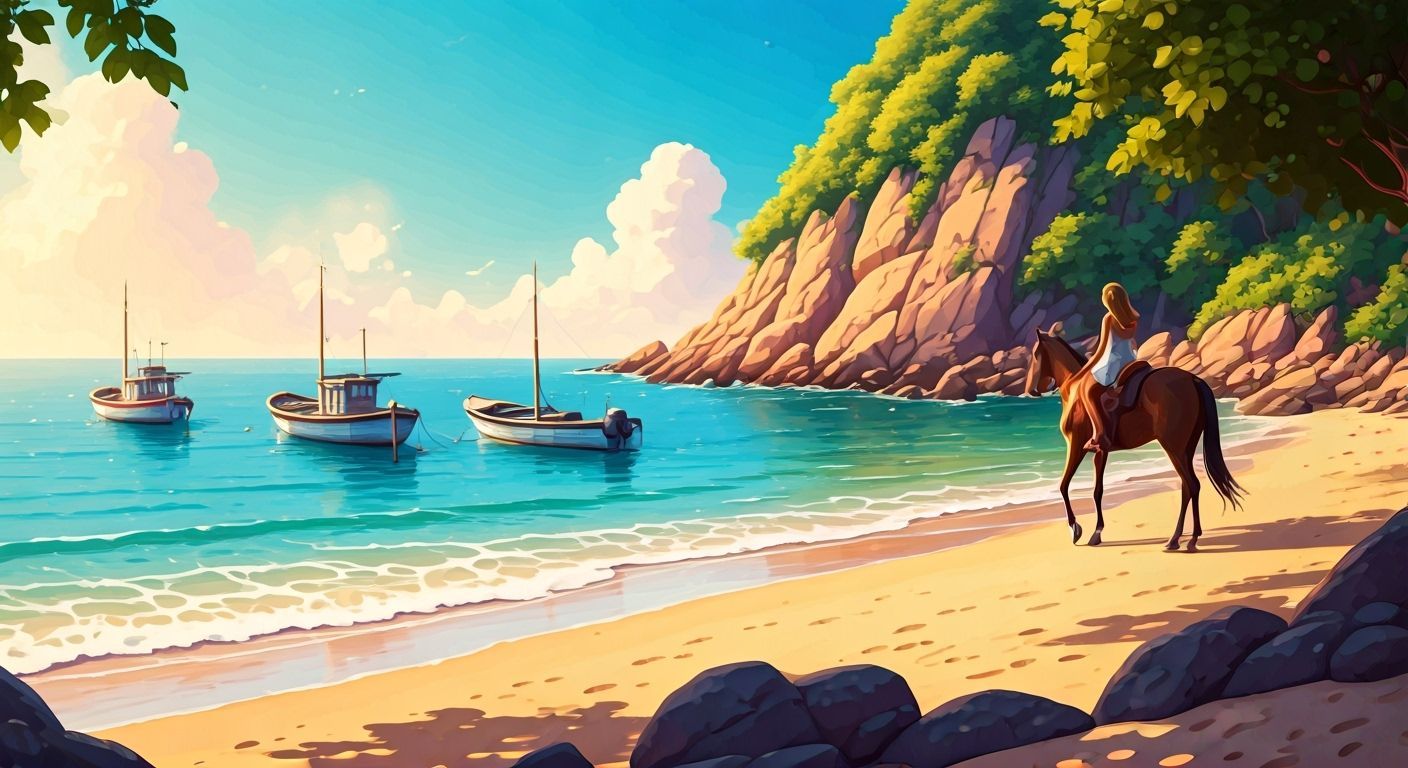 Tropical Seaside with Horse Rider at Golden Hour