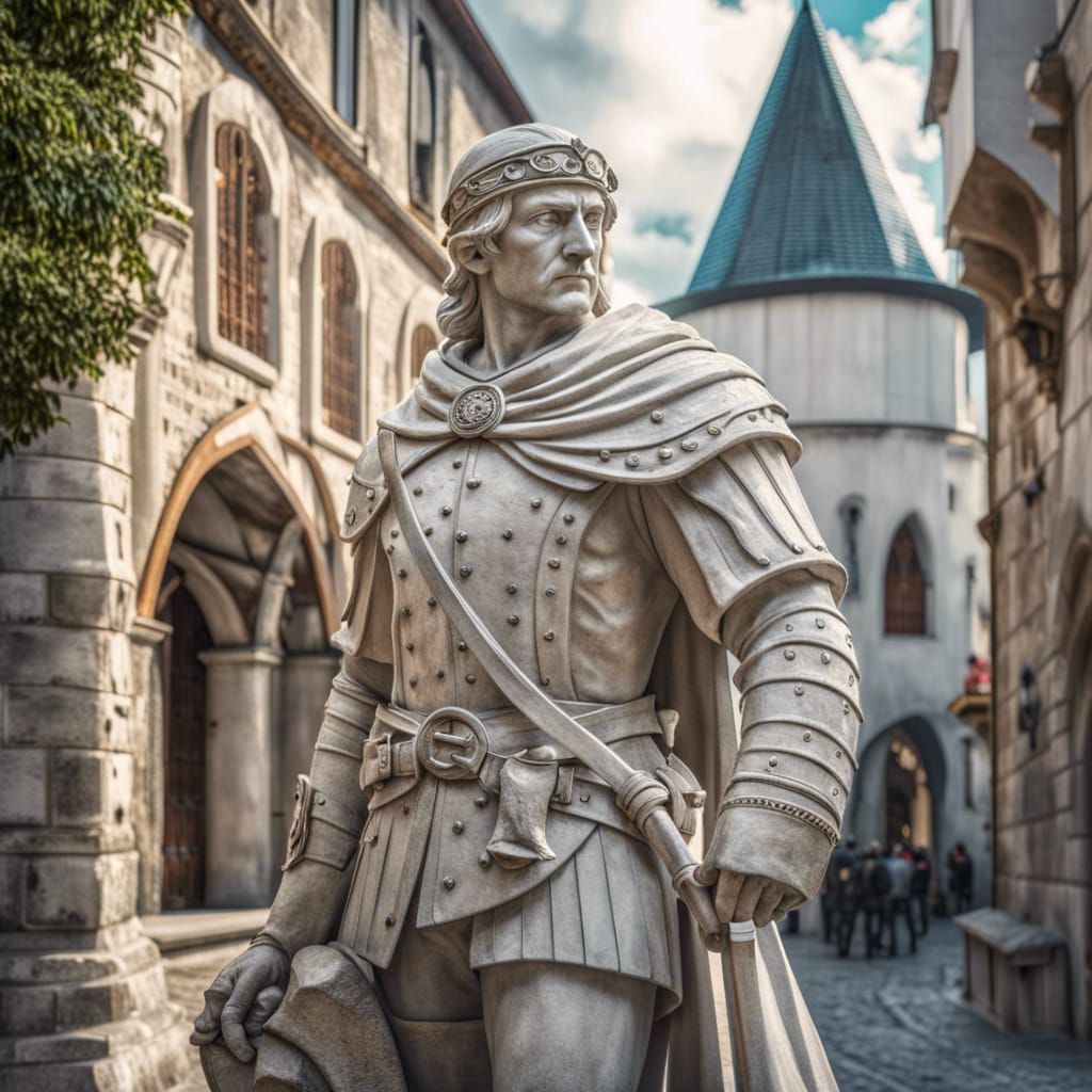 Majestic Stone Adventurer Statue in Medieval City