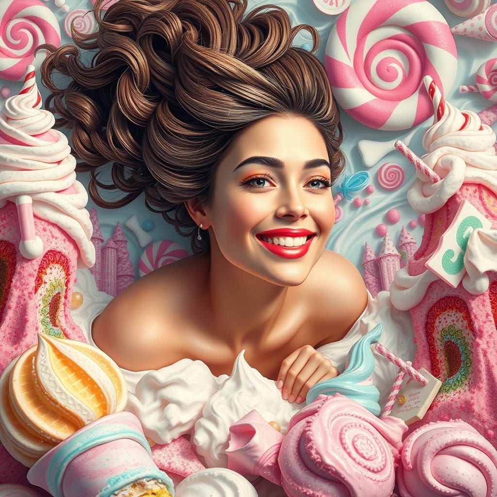 Surreal Woman in a Whimsical Ice Cream Wonderland