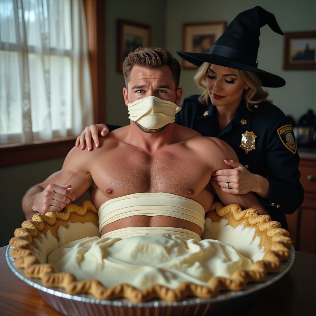 Muscular Officer Trapped in Pie Dough by Witch