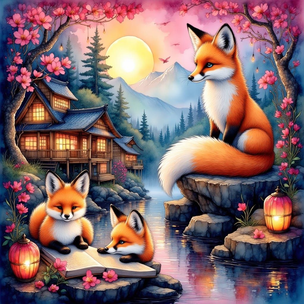 Mystical Foxes in a Japanese Cherry Blossom Village