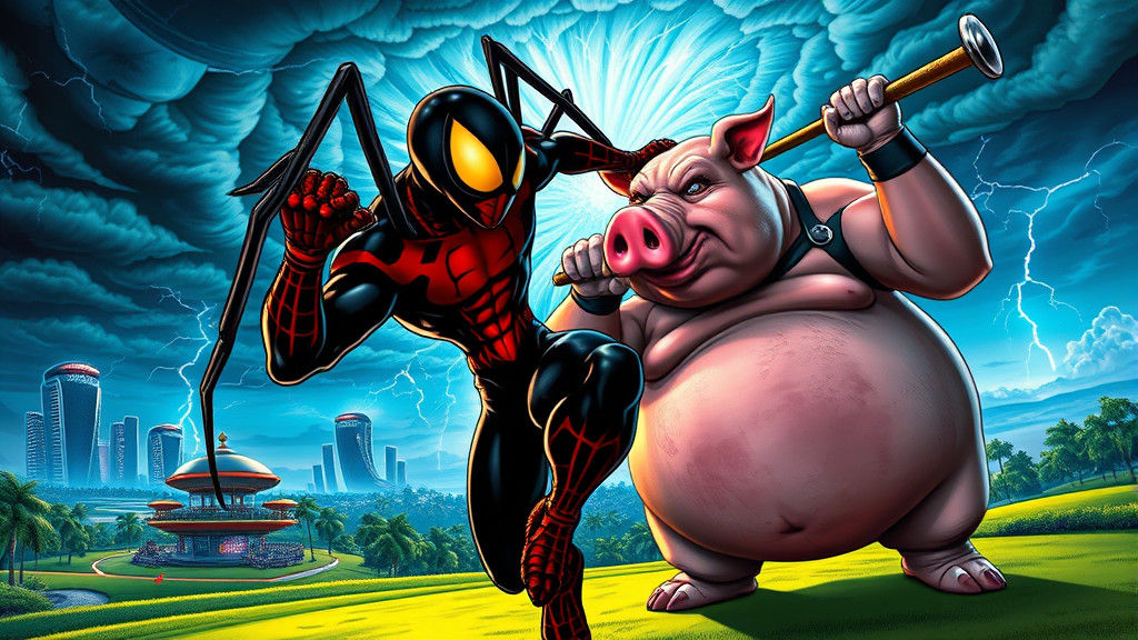 Spyderman vs Fat Pigman: Comic Book Cover Art