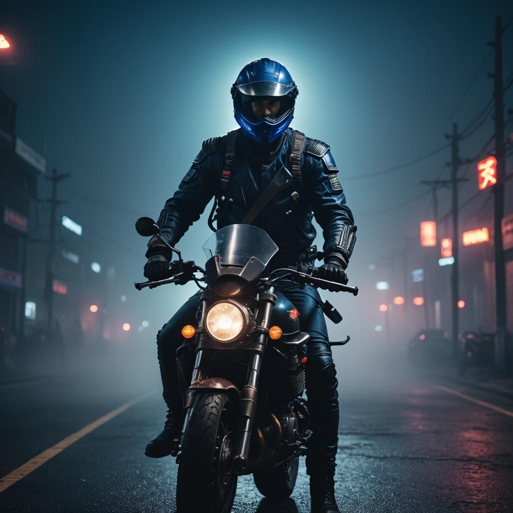 Motorcycle Driver in Neon Fog: 80s Cinematic Film Still