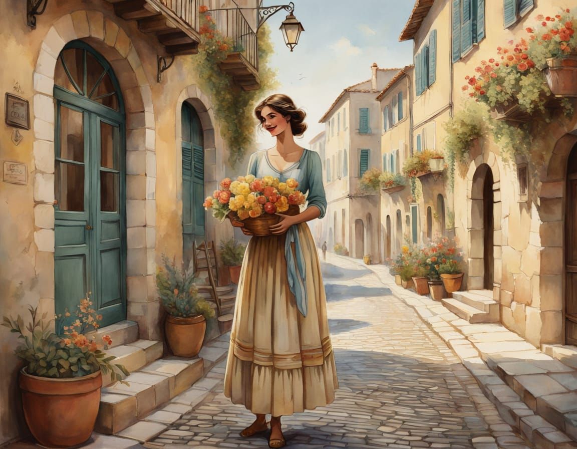 Vintage Flower Seller Illustration in Watercolor Style