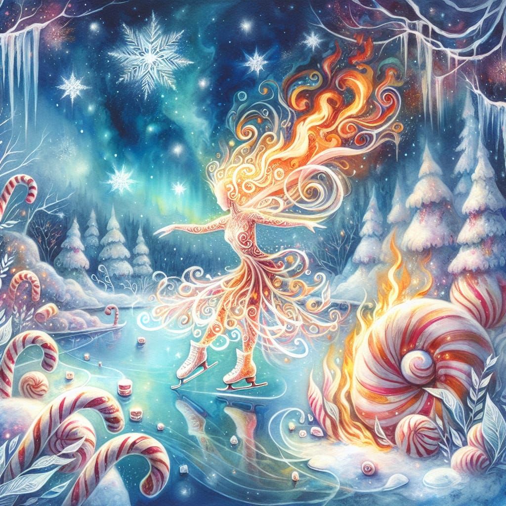 Flaming Ice Skater in Winter Candyland, as Gouache Watercolo...