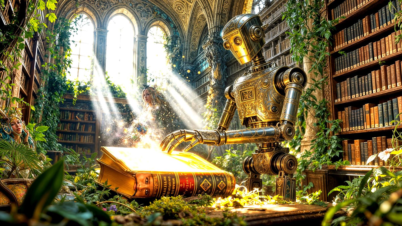 Retro-Futuristic Robot in Overgrown Library