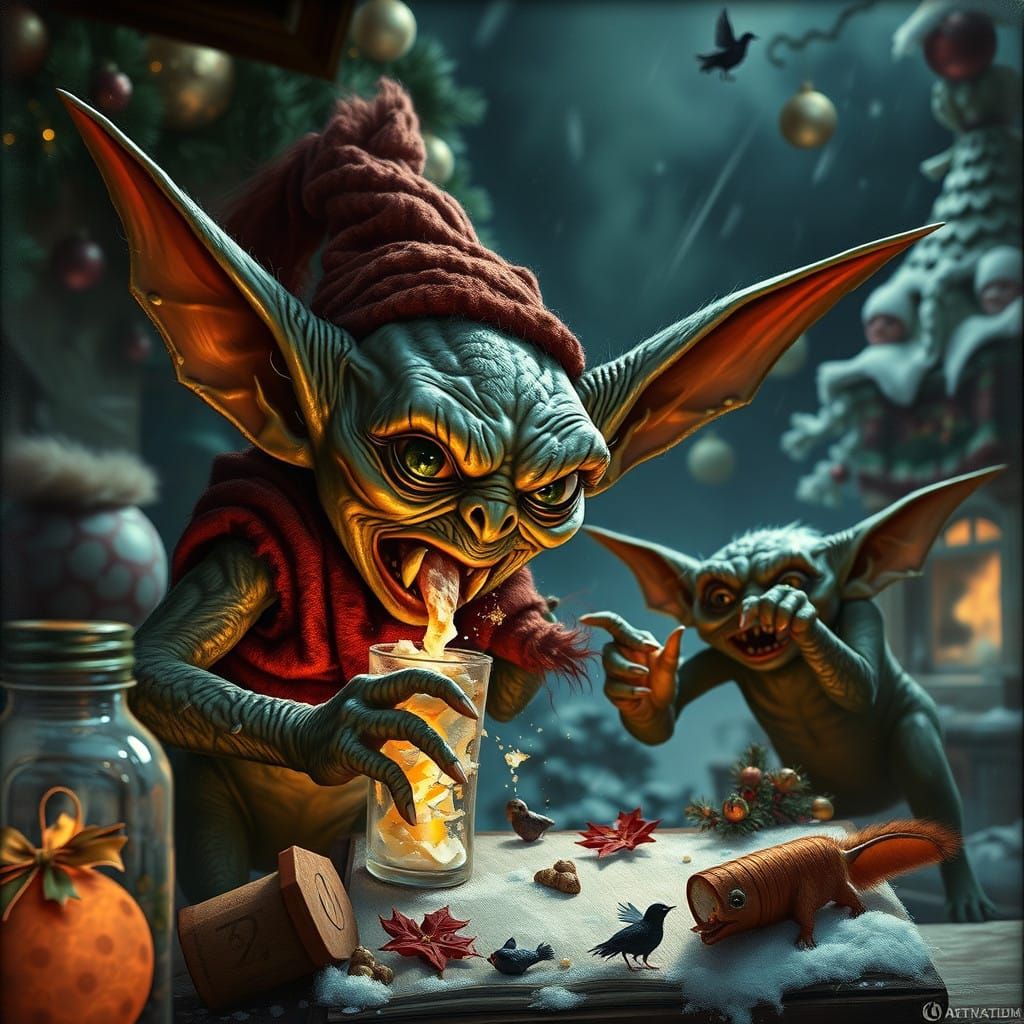 Gremlins Unleash Christmas Chaos in Dark Oil Painting