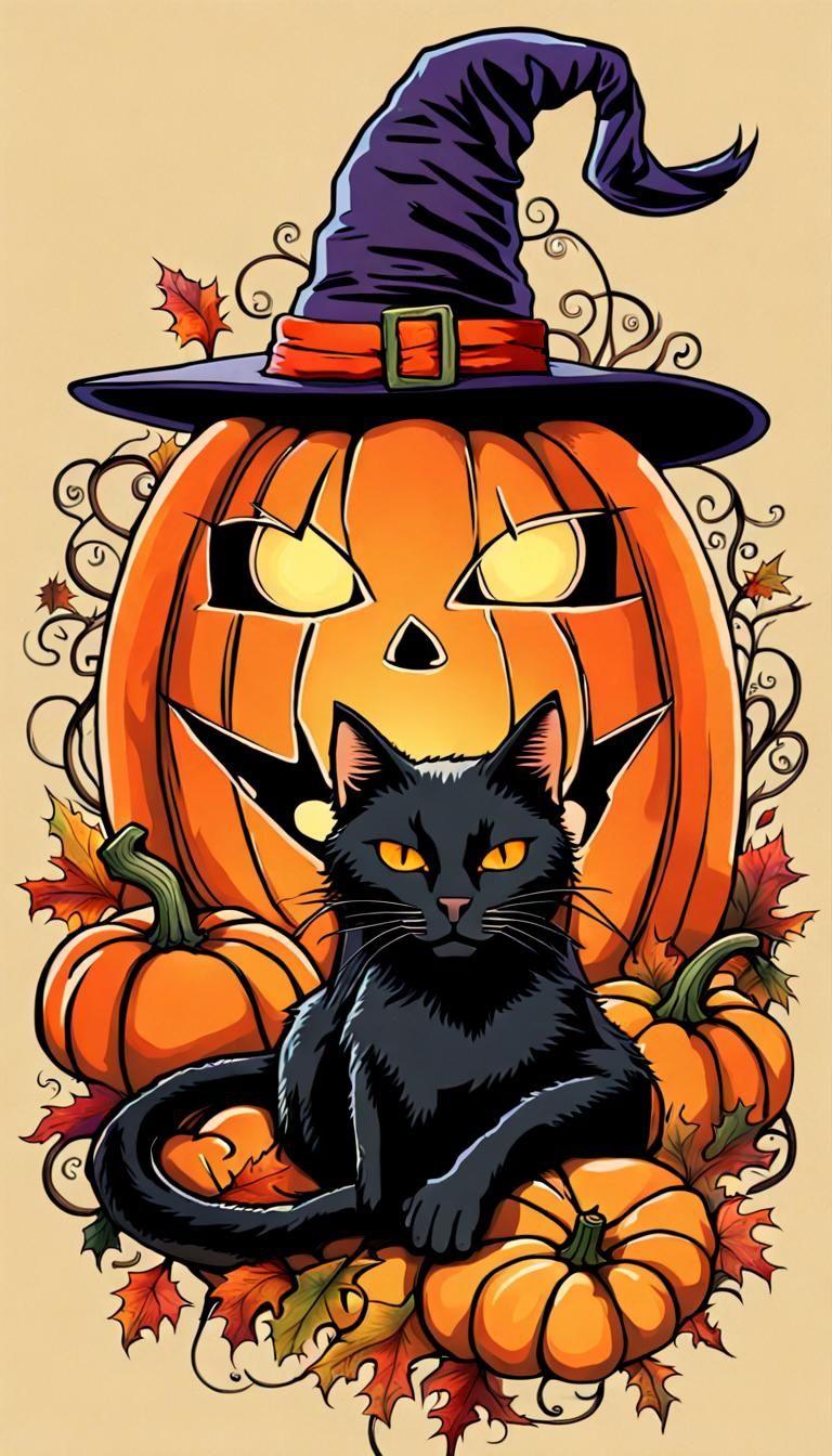 Black Cat in Pumpkin Patch: Halloween Theme