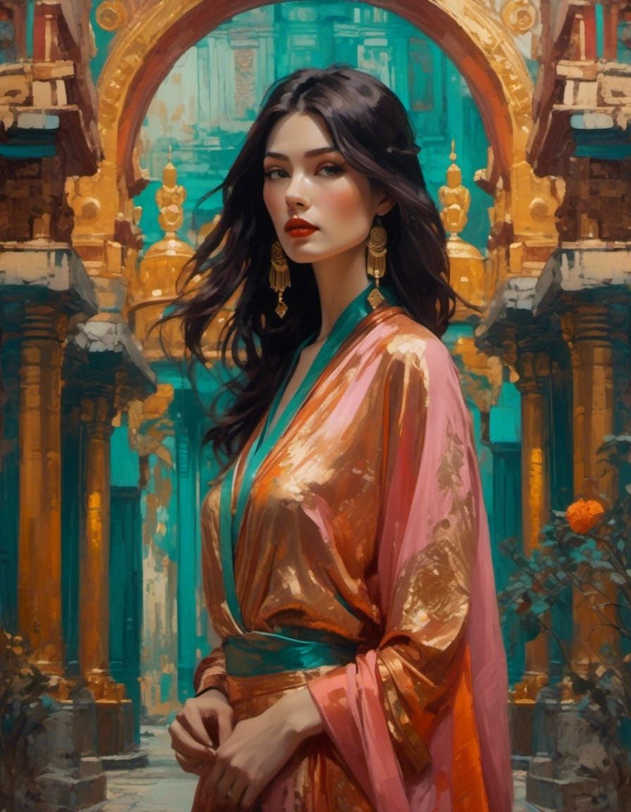 Elegant Woman in Ancient Temple, Post Impressionist Oil Pain...