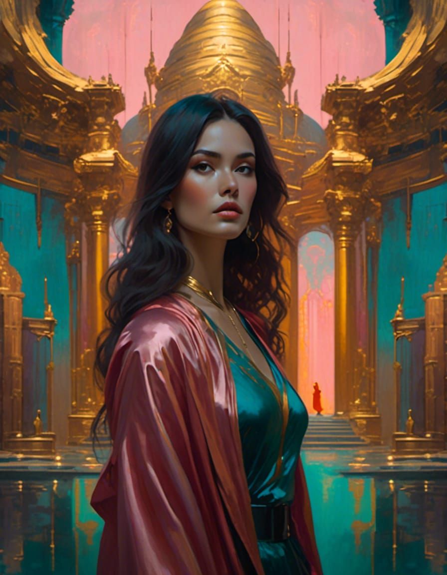 Gothic Art Deco Woman Beside Ancient Temple