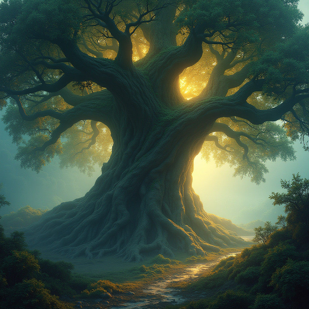 Mystical Ancient Oak Tree with Bioluminescence