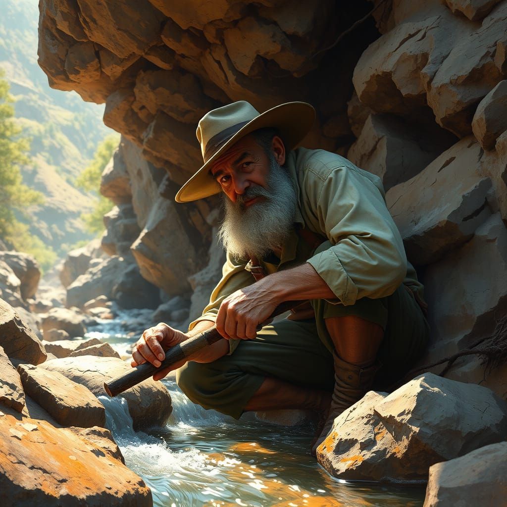 Golden Prospector in Mountain Streamlight