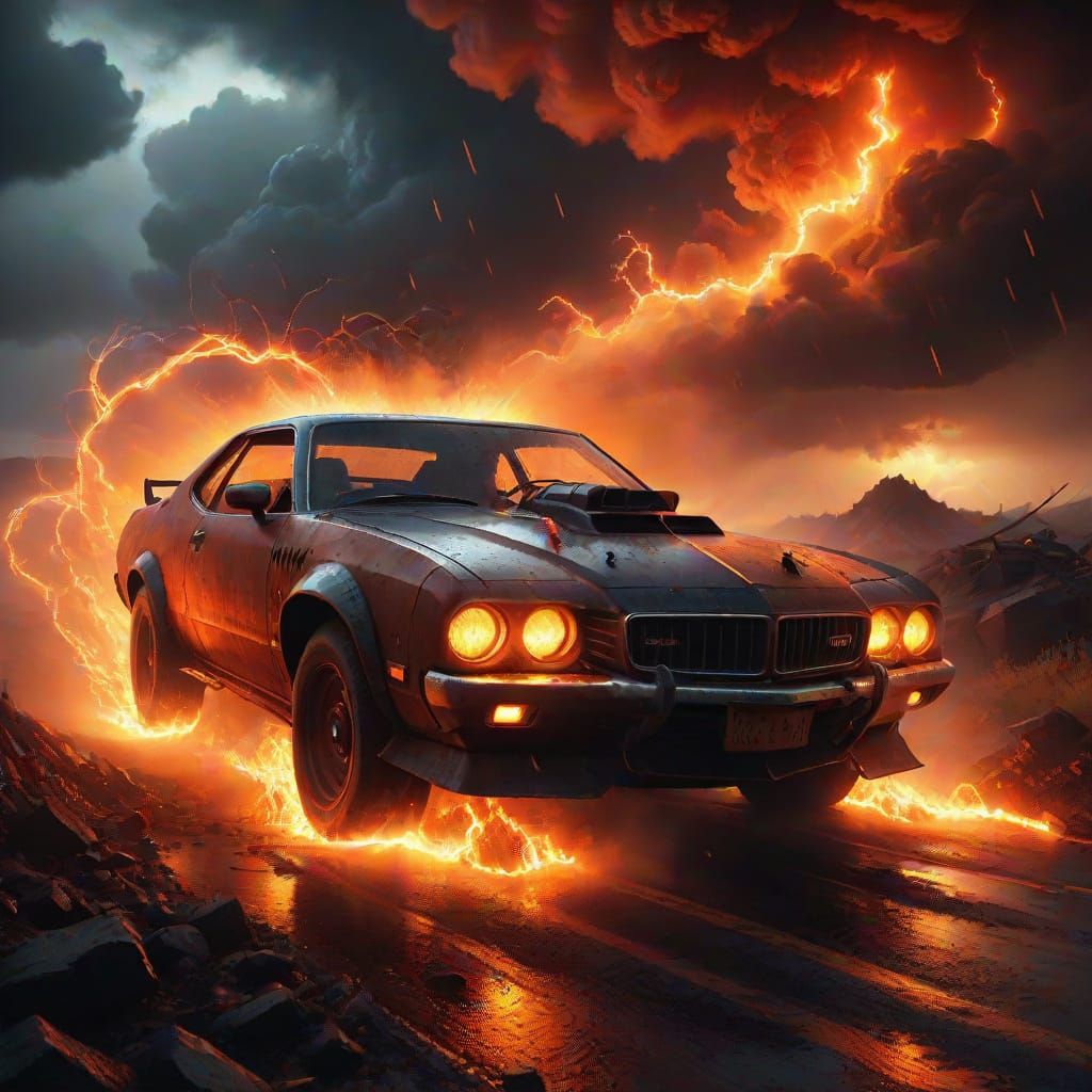 Demonic Vehicle Charges into Fiery Whirlwind