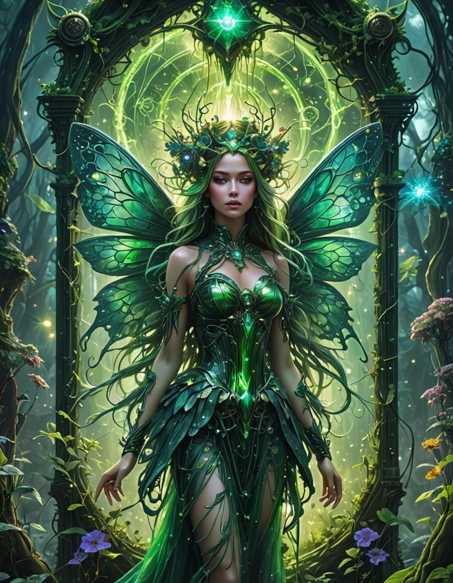Ethereal Green Fairy in Glitch Art Style