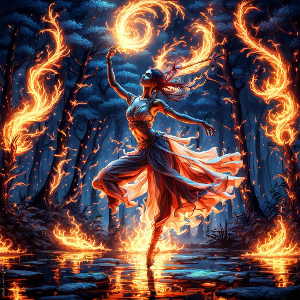 Magical Forest Firedancer Under Moonlight in Painterly Style