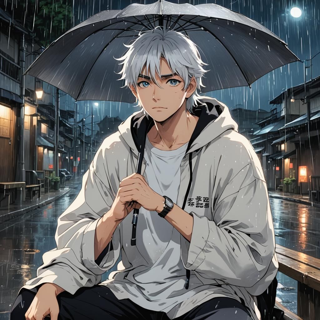 Anime Boy in Sparkling Rain, Studio Ghibli Style