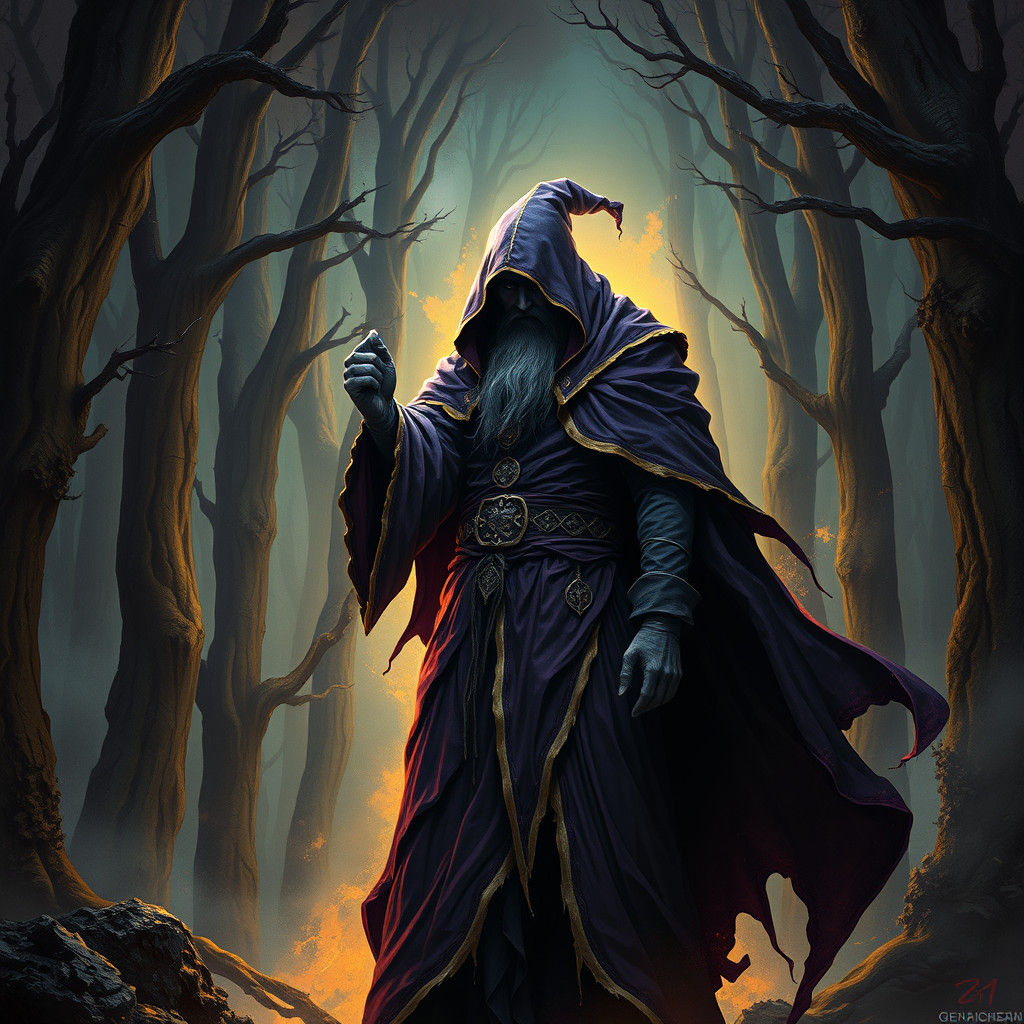 Dark Wizard in Mystical Forest, Dark Fantasy Art