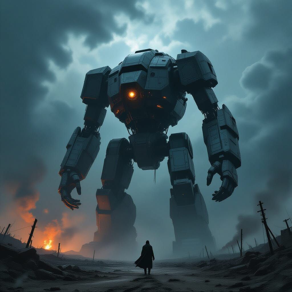 Ancient Titan Guards Grim Battlefield in Dark Sci-Fi Style