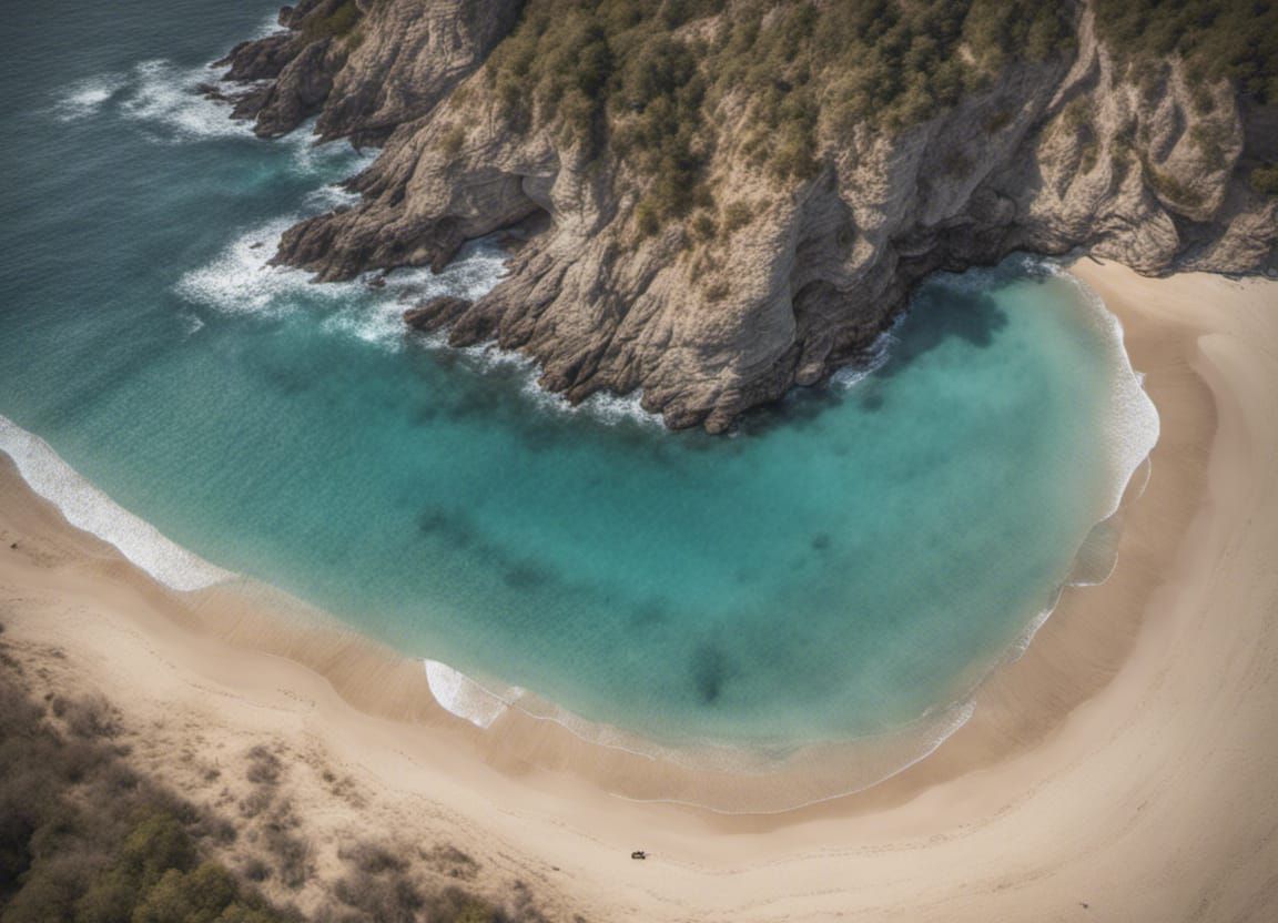 Secluded Mountain Cove Beach: Aerial Hyperrealistic View