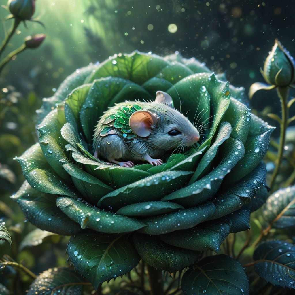 Sleeping Mouse in Giant Rose Bud with Fairies