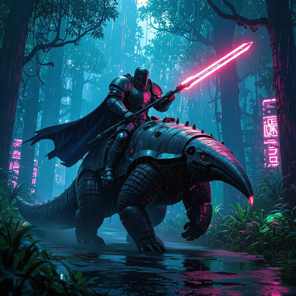 A Dark Knight riding an Ant Eater into battle.