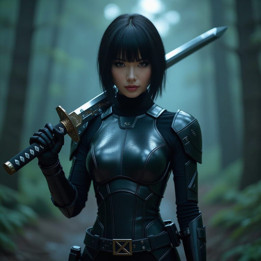 Cyberpunk Woman with Katana in Dark Forest