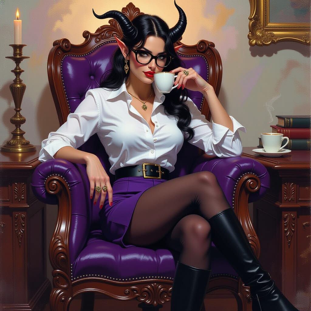 Tiefling Woman Sips Coffee in Ornate Chair