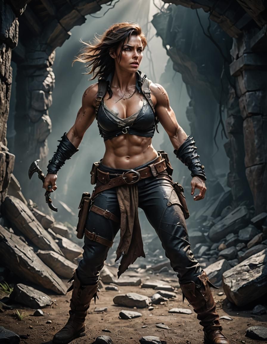 Muscular Female Adventurer in Dark Fantasy Style