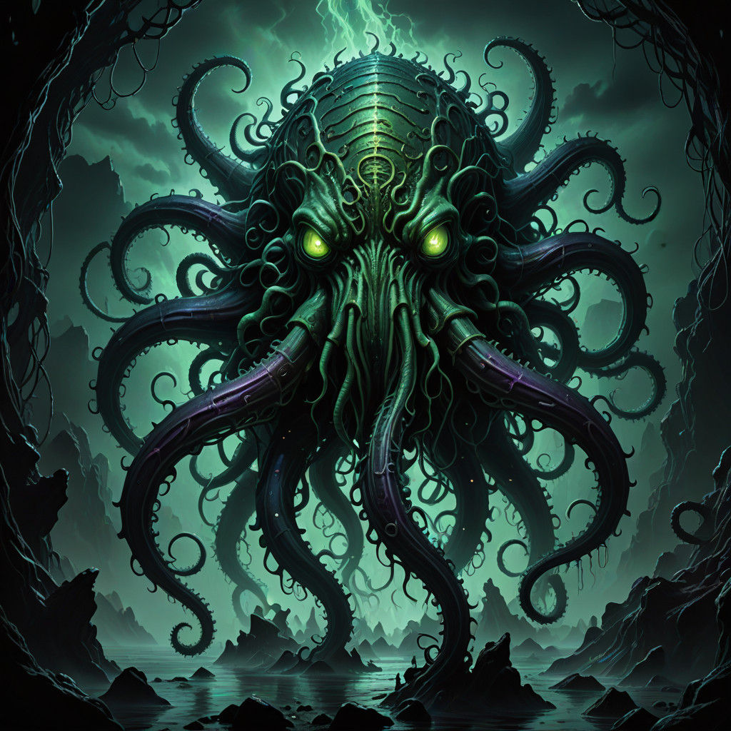 Shoggoth in Dark, Eerie Biomechanical Landscape