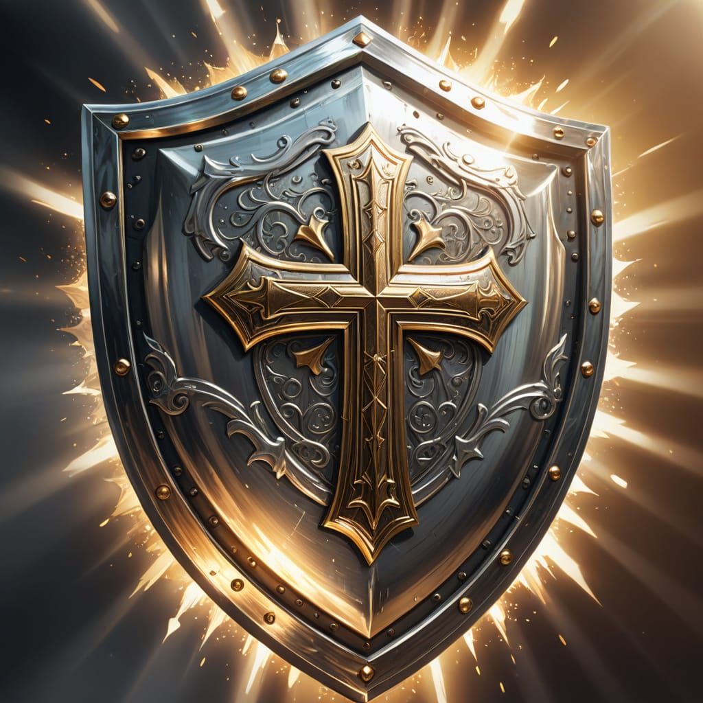 Illuminated Silver Shield with Cross in Digital Art