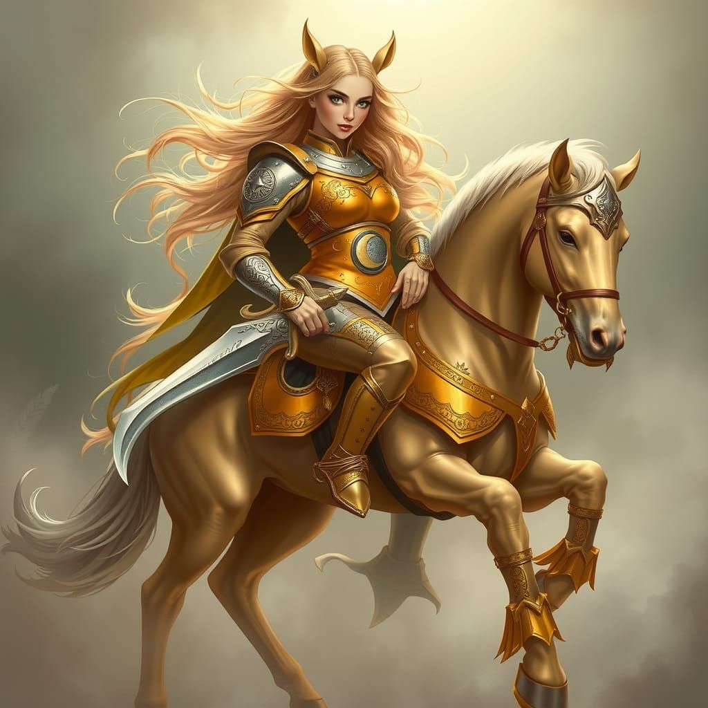 "A beautiful female centaur in golden armor with intricate silver details, carrying a sword and shield on her back. Her ...