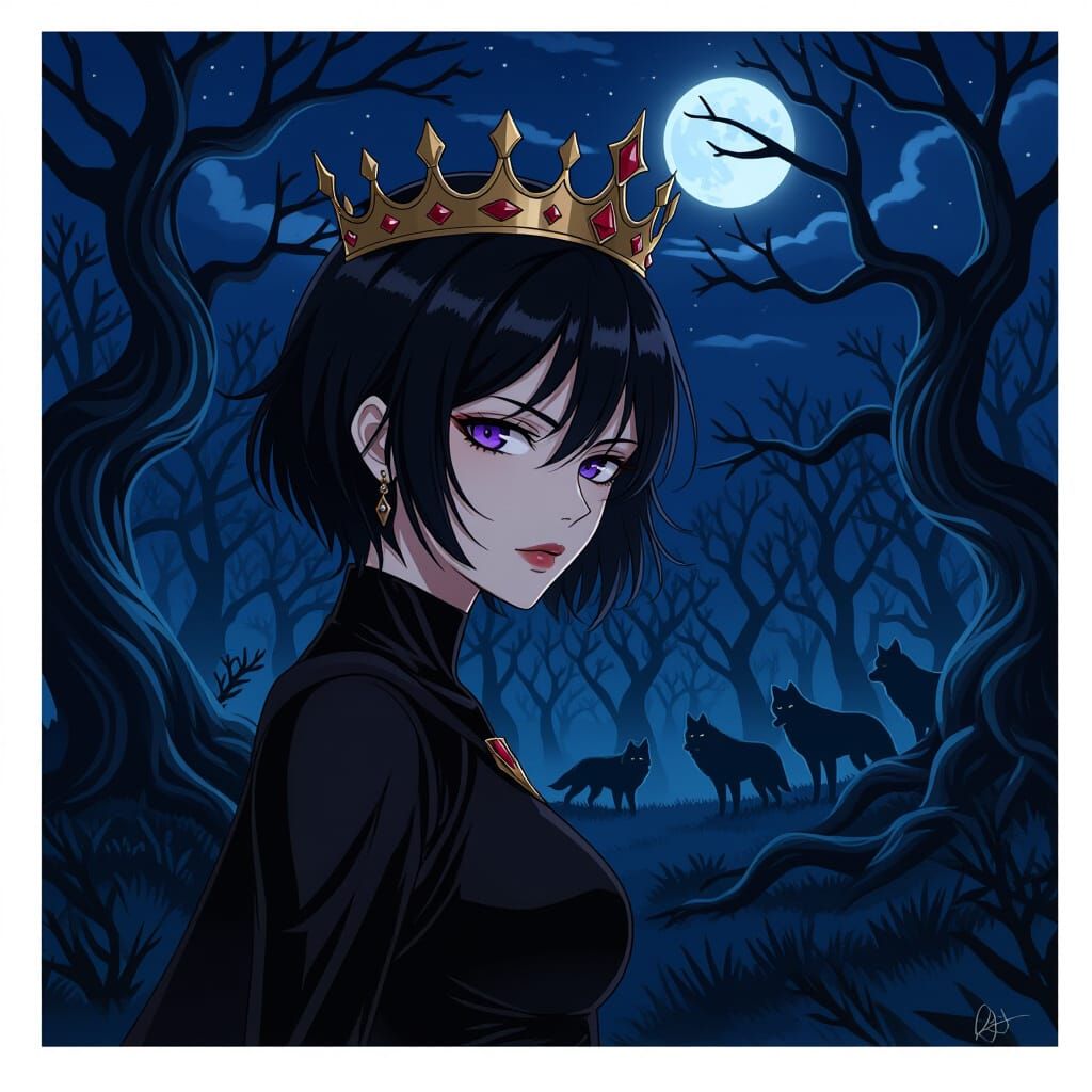 Anime Dark Queen in Moonlit Forest with Wolves