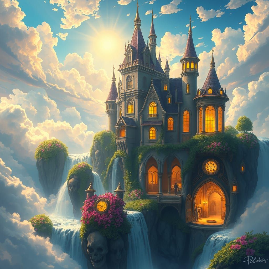 Magical Floating Castle in Clouds with Waterfalls