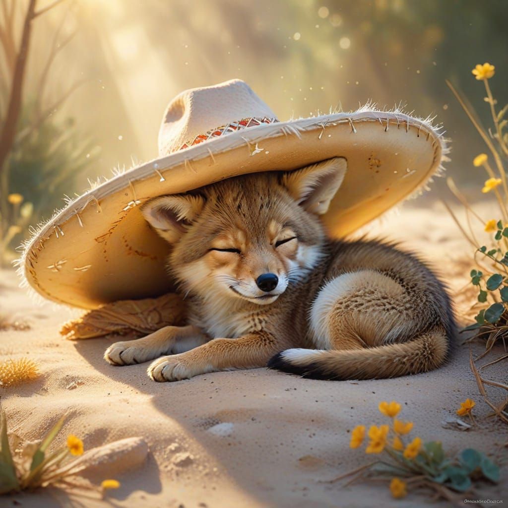 Baby Coyote Dreams in Sombrero: Watercolor Art