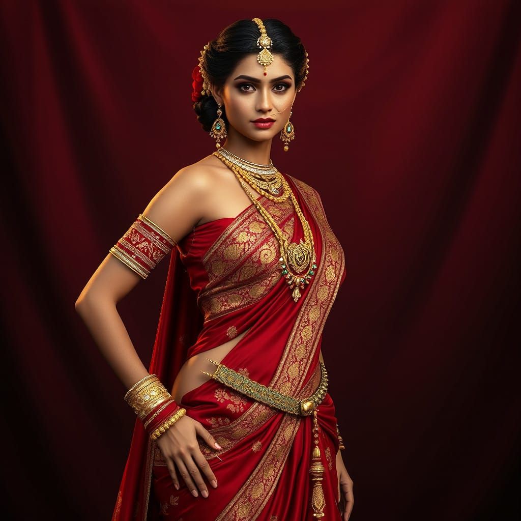 Regal Indian Princess in Resplendent Red Gold Sari