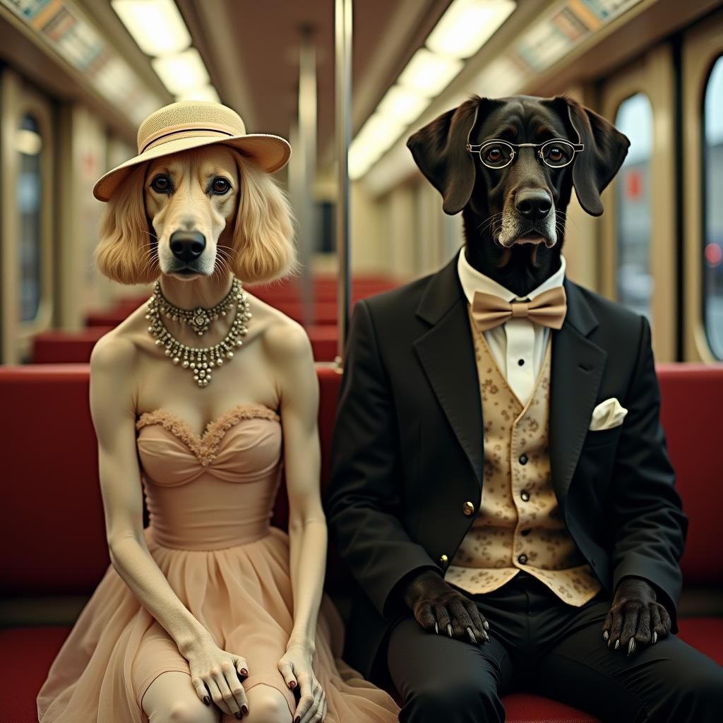 Dogs in Paris Metro: Hyperrealistic Film Still