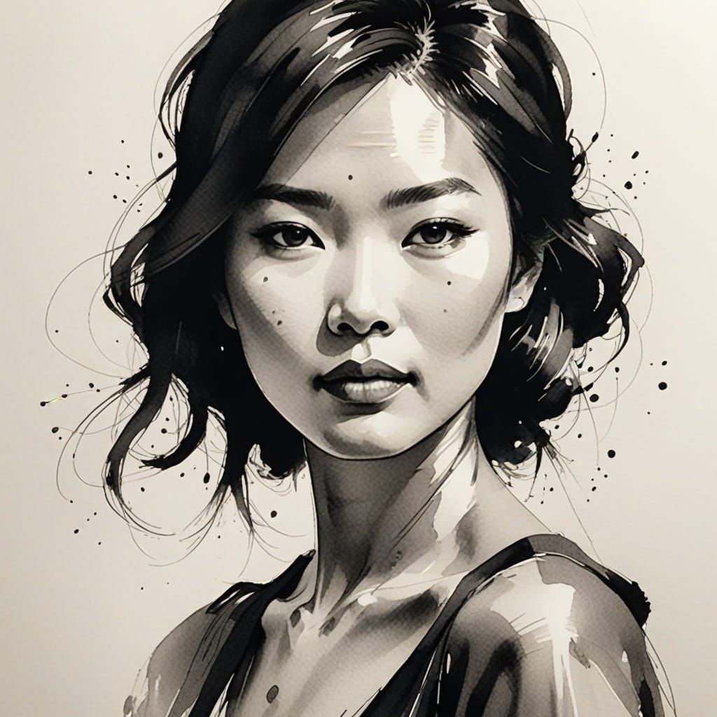 Elegant Asian Woman Portrait in Sumi-e Ink Style