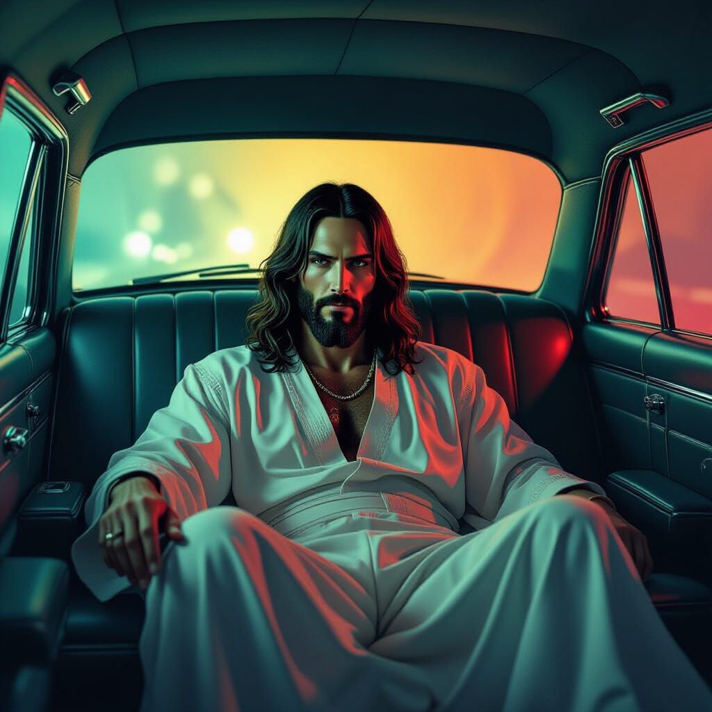 Ethereal Beatnik Jesus in Detailed Car Interior