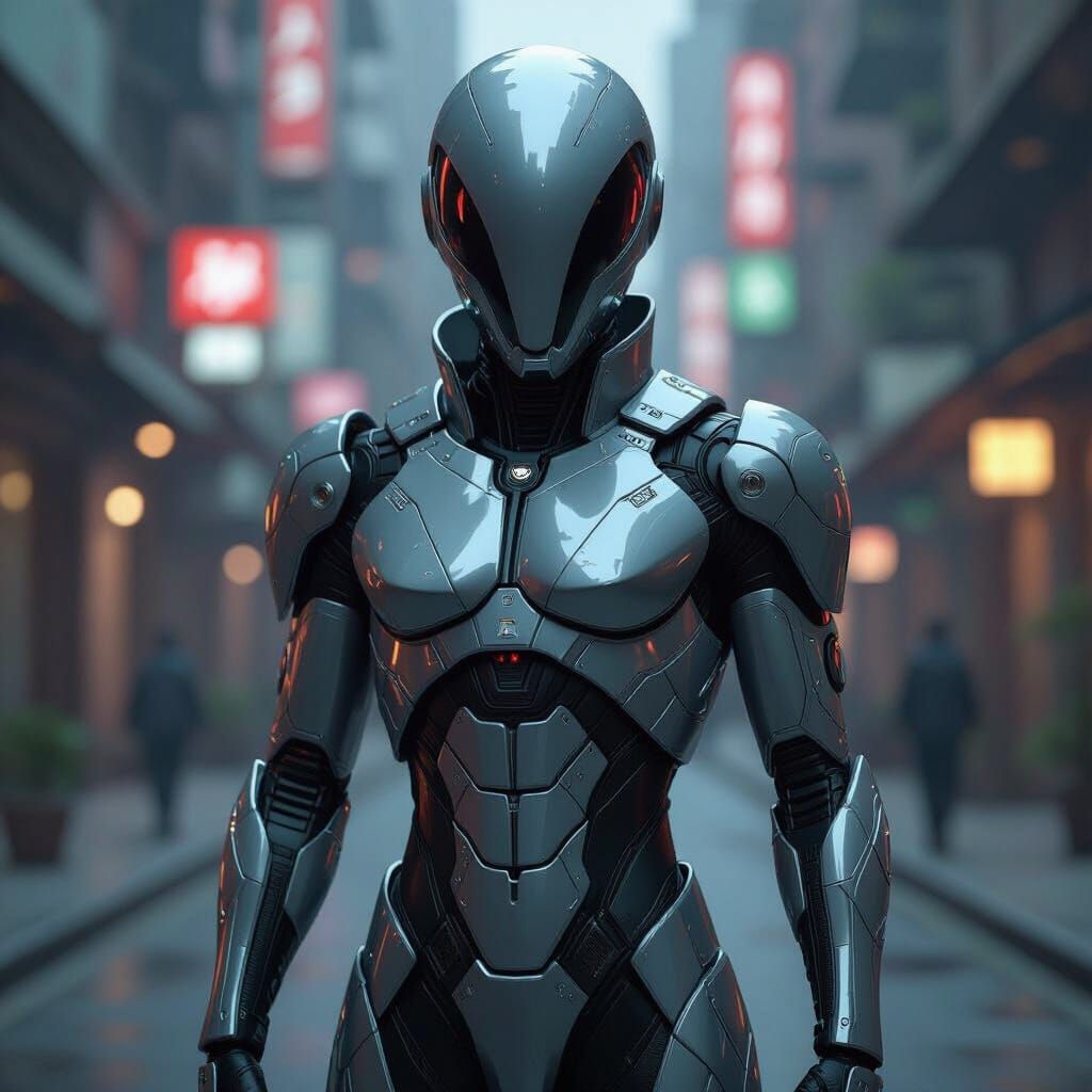 Cyberpunk Alien in Chrome Suit, Epic Cinematic Digital Art
