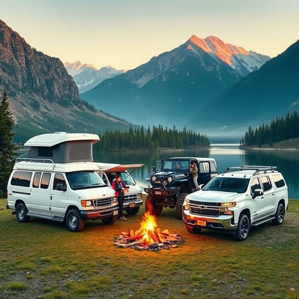 Vans at Mountain Lake Campfire, Whimsical Digital Art