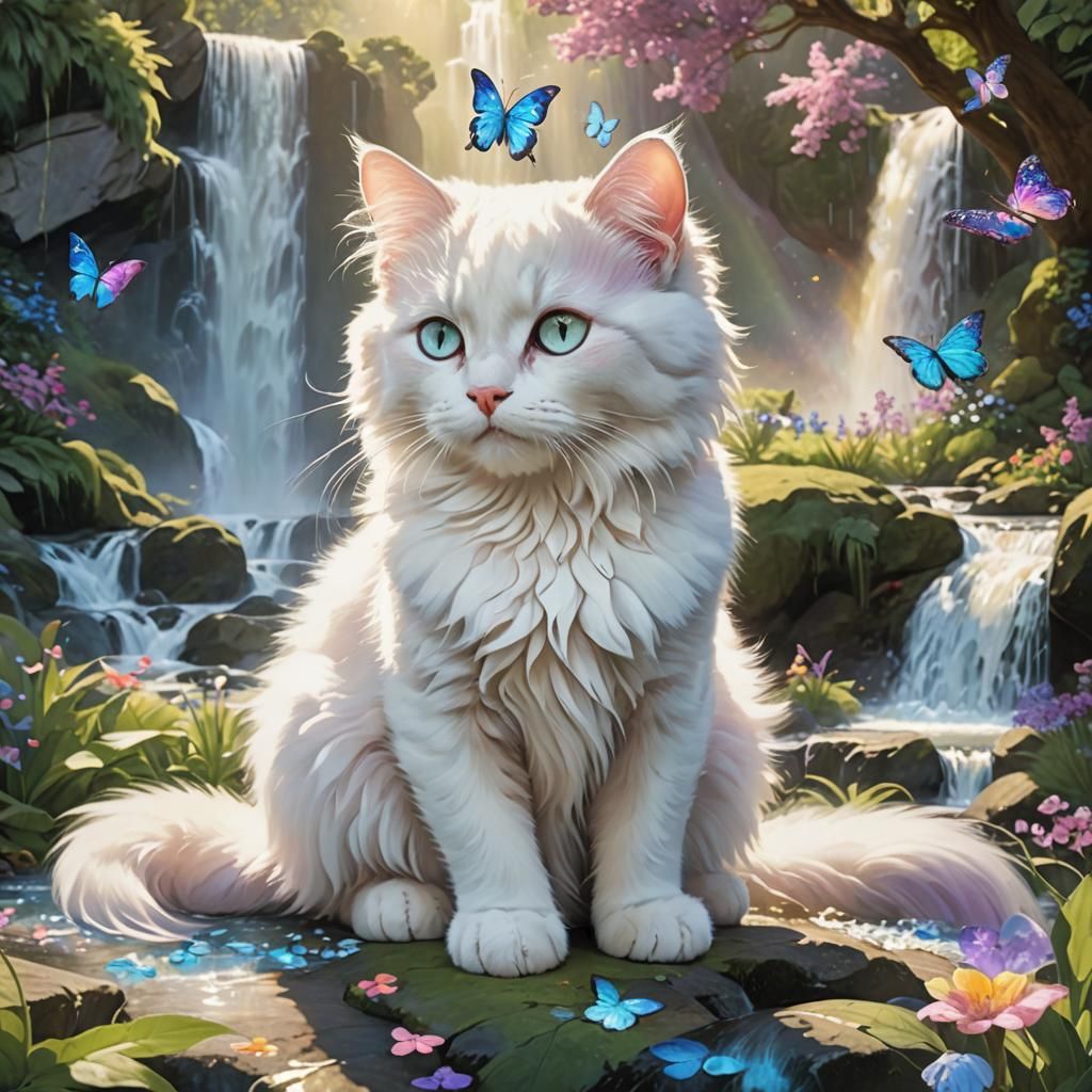 White Kitty with Butterfly in a Fantasy Forest
