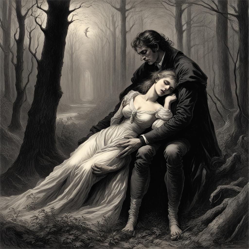 Dark Romantic Embrace in a Forest, DorΓ© Style