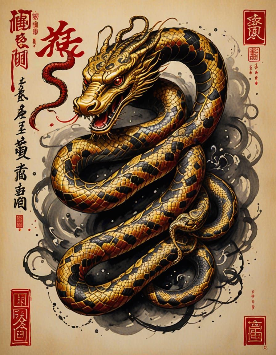 Traditional Chinese Art Illustration in Red and Gold