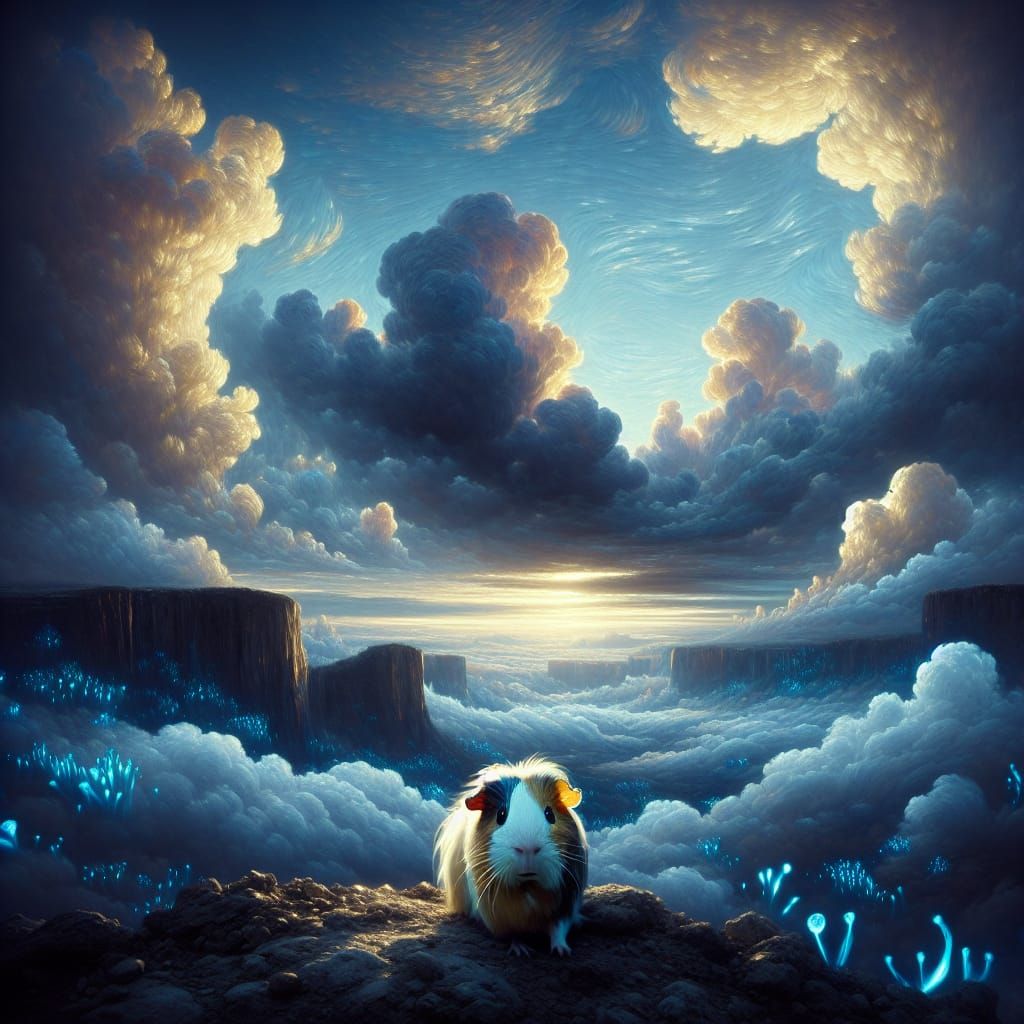 Ethereal Guinea Pig in Impressionistic Bioluminescent Sky