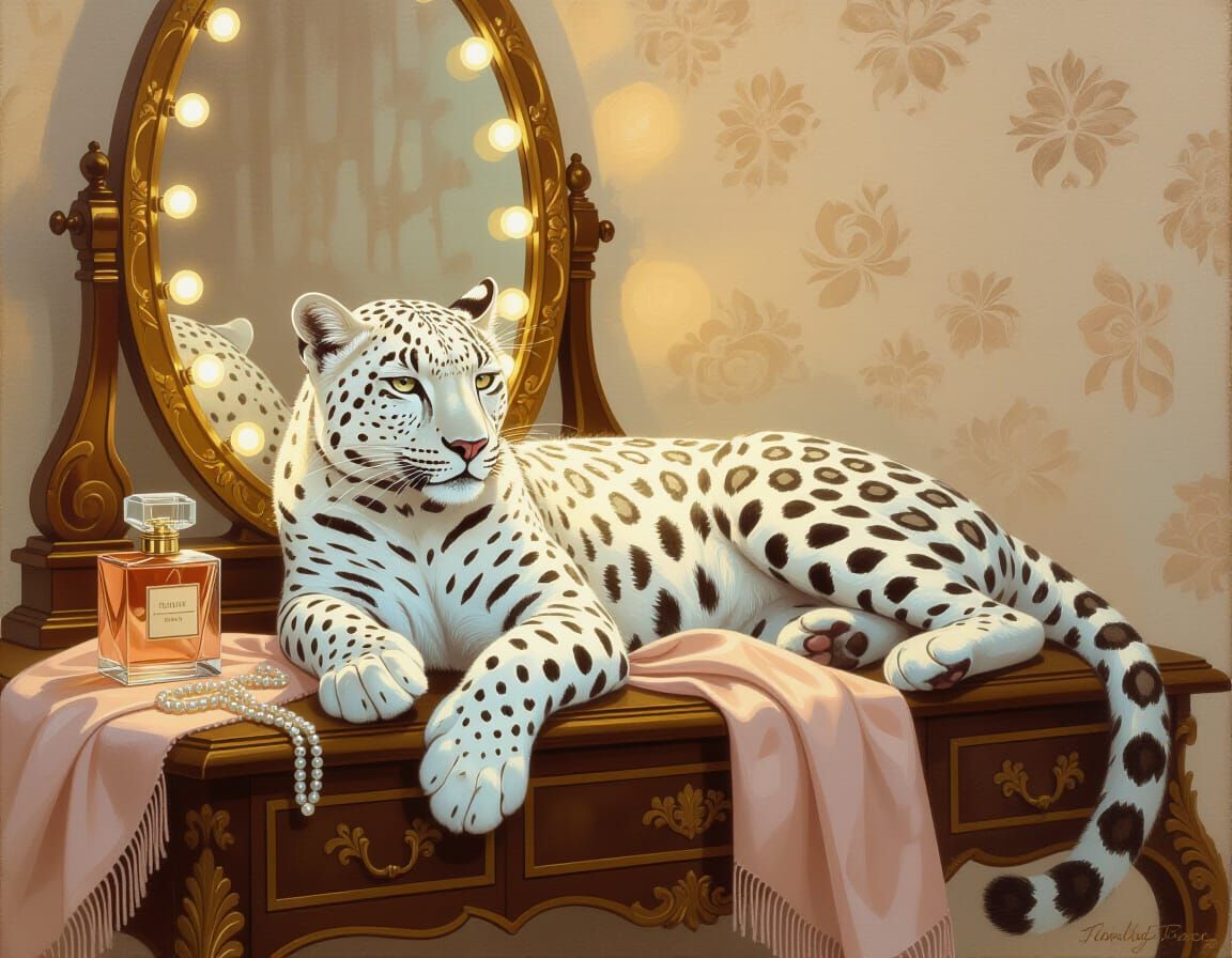 Elegant Oil Painting of White Leopard by Vintage Vanity