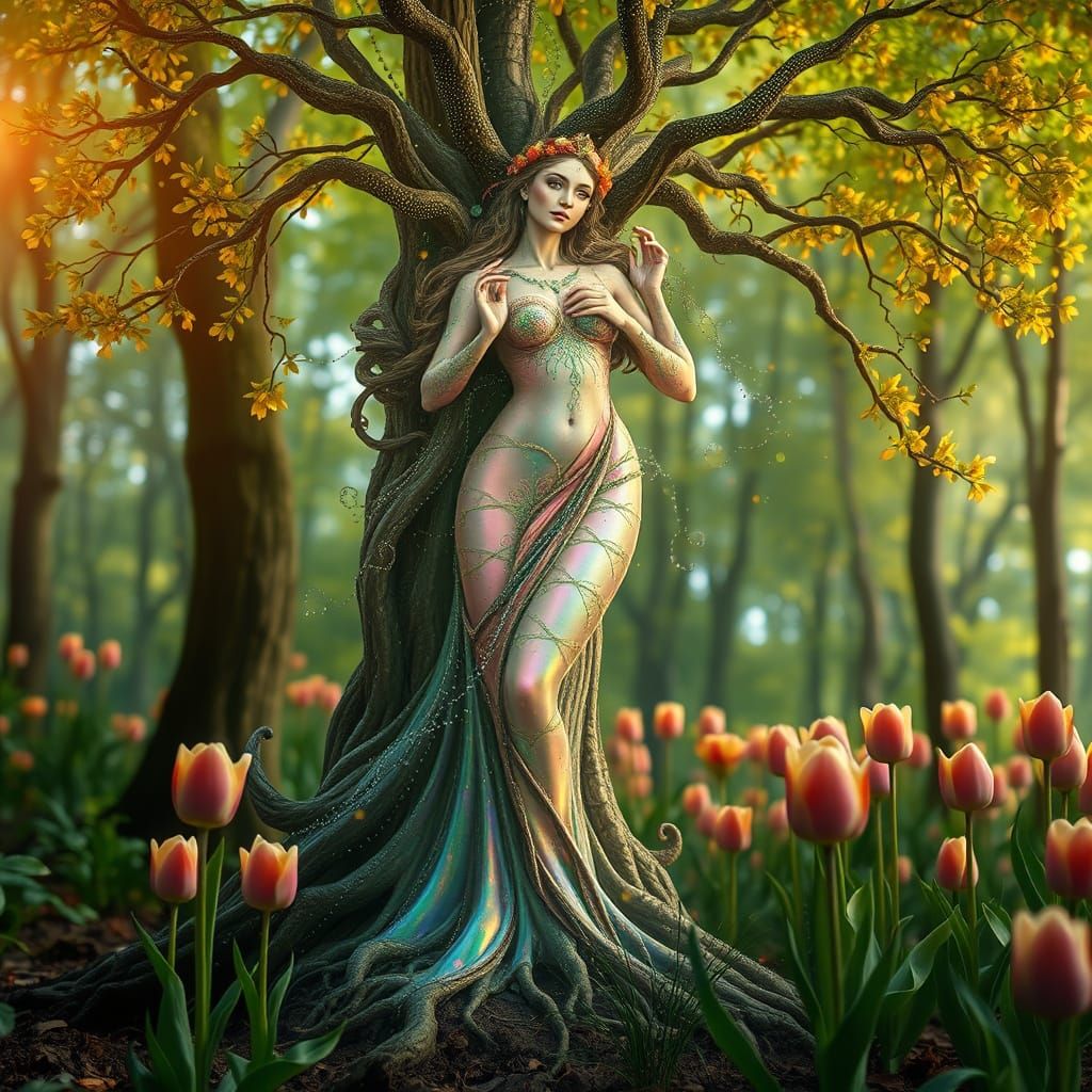 Flower Goddess in Vibrant Forest, Blossoming Like a Tree