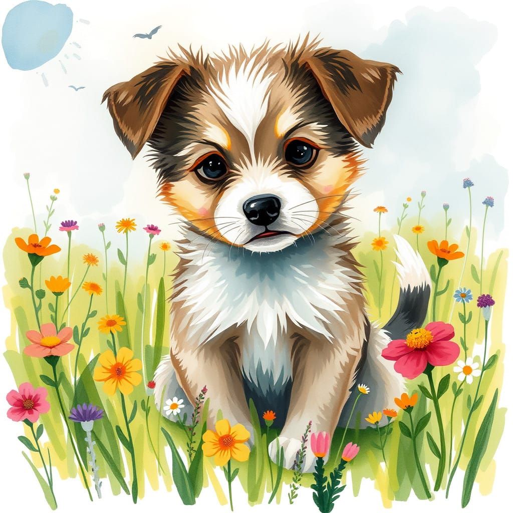 Playful Puppy in Whimsical Watercolor Style