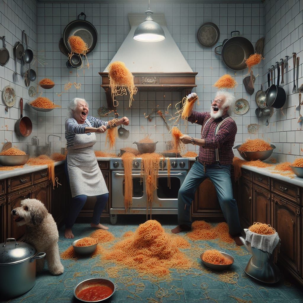 Whimsical Food Fight in a Cozy Kitchen