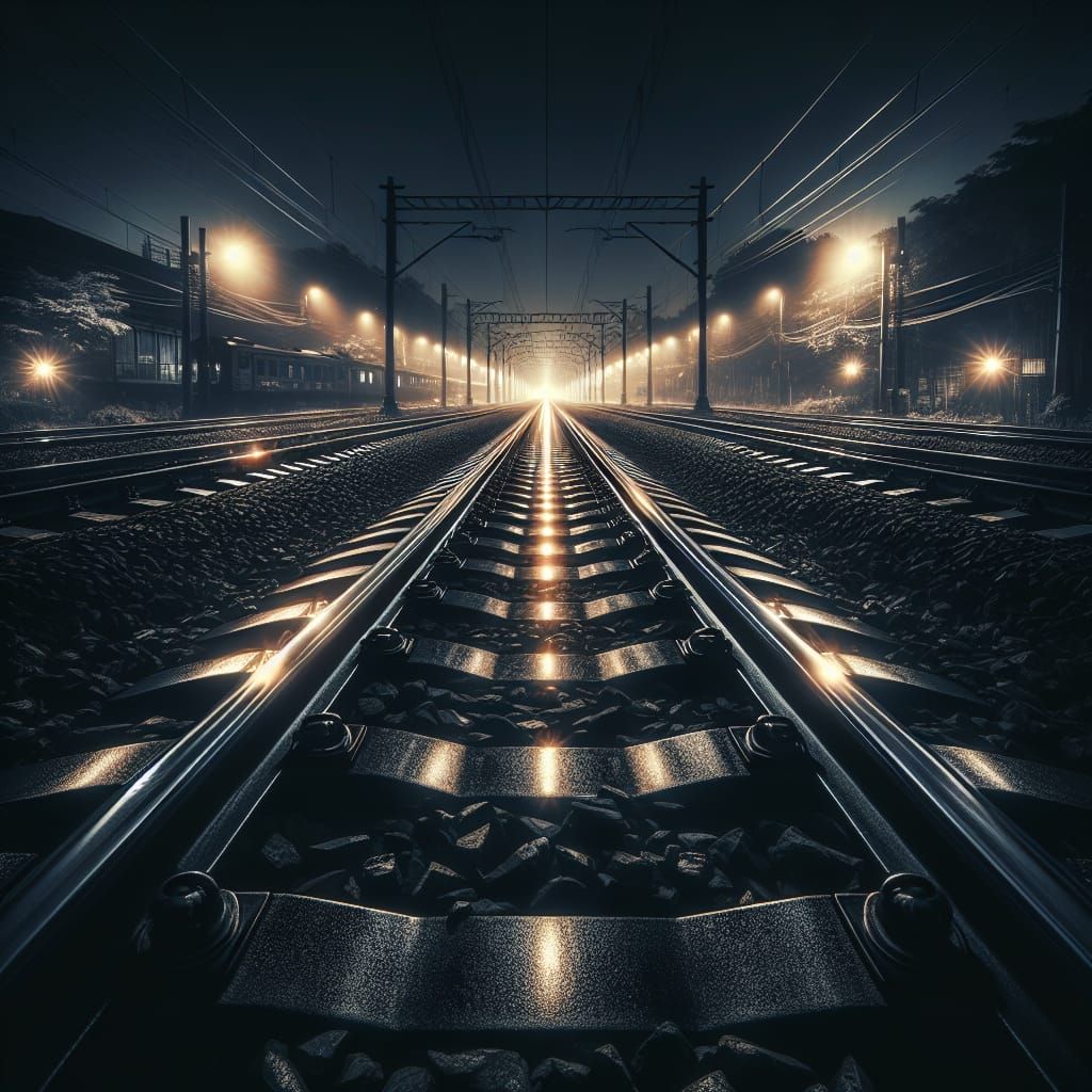 Night Railway Track Vanishing Point Perspective